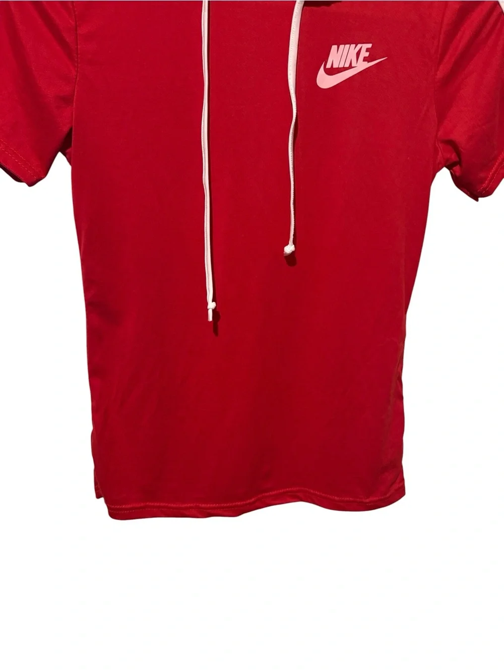 Nike Red Hooded Short Sleeve Athletic Tee with White Accents Size L
